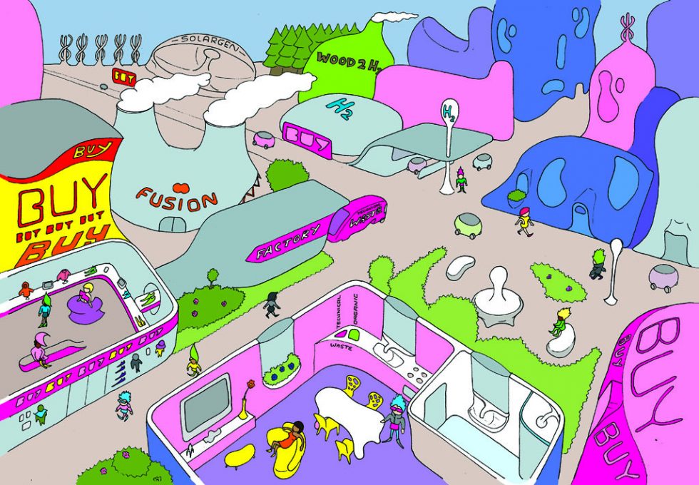 Drawing of a brightly coloured futuristic city. There is advertising everywhere, a fusion power plant, wood to H2 plant and a hydrogen filling station. A waste truck unloads into a factory which is connected to a shop.