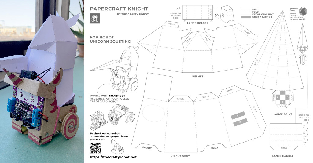 Composite of two images. On the left a photo of a cardboard robot unicorn with a blank white paper knight with a horse shaped helmet and lance sitting on it. On the left a template with the cut and fold lines for all the parts to make that knight out of paper.